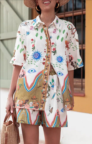 Set T-Shirt und Shorts Leinen-Baumwolle Damen