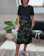 Vestido Patchwork con Flores y Cuello Redondo