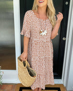 Vestido Midi de Lunares con Cuello Redondo Fluido