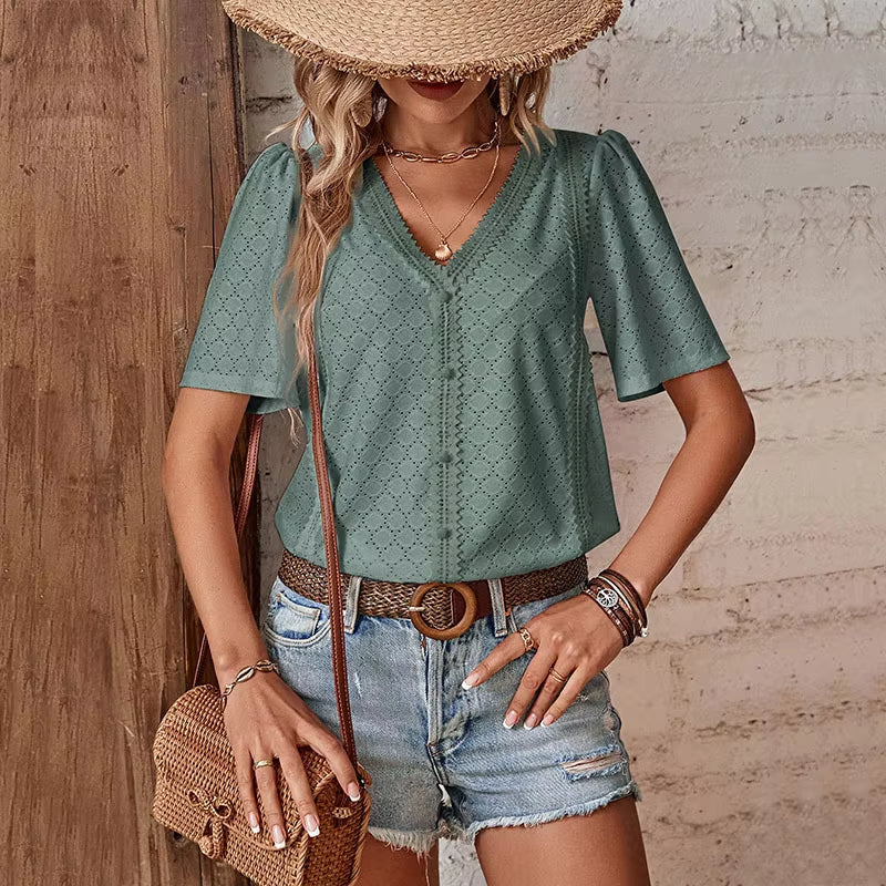 Blusa De Mujer De Manga Corta Con Escote En V
