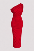 Red Midi Dress with Draped Neckline and Bare Shoulders