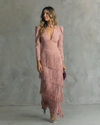 Vestido Midi Elegante con Flecos en las Mangas