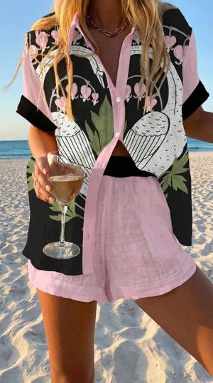 Set Damen-T-Shirt und Shorts aus Leinen-Baumwolle, lässig