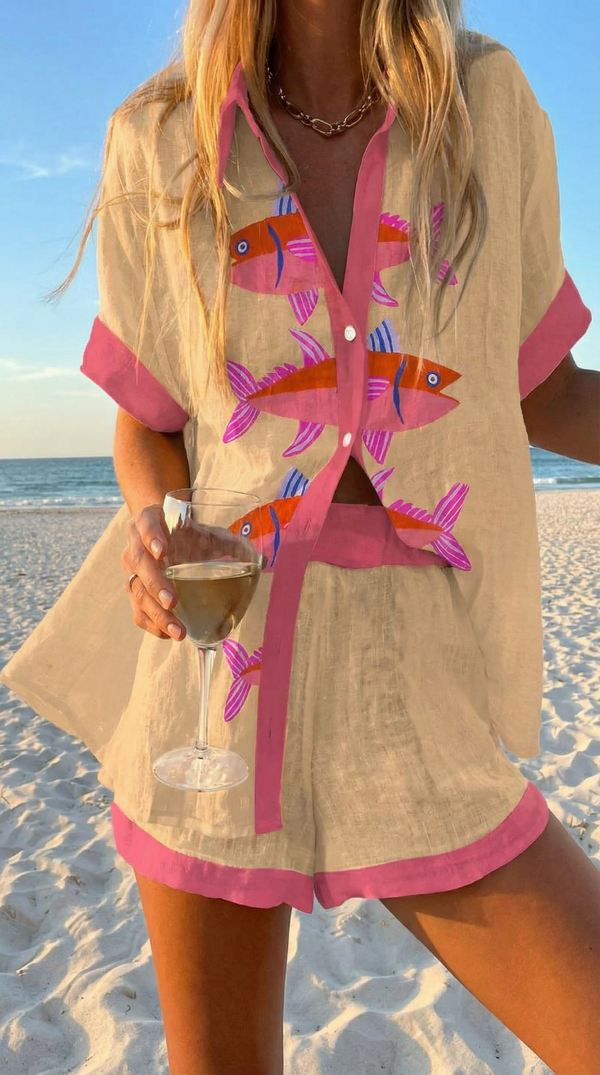 Set Damen-T-Shirt und Shorts aus Leinen-Baumwolle, lässig