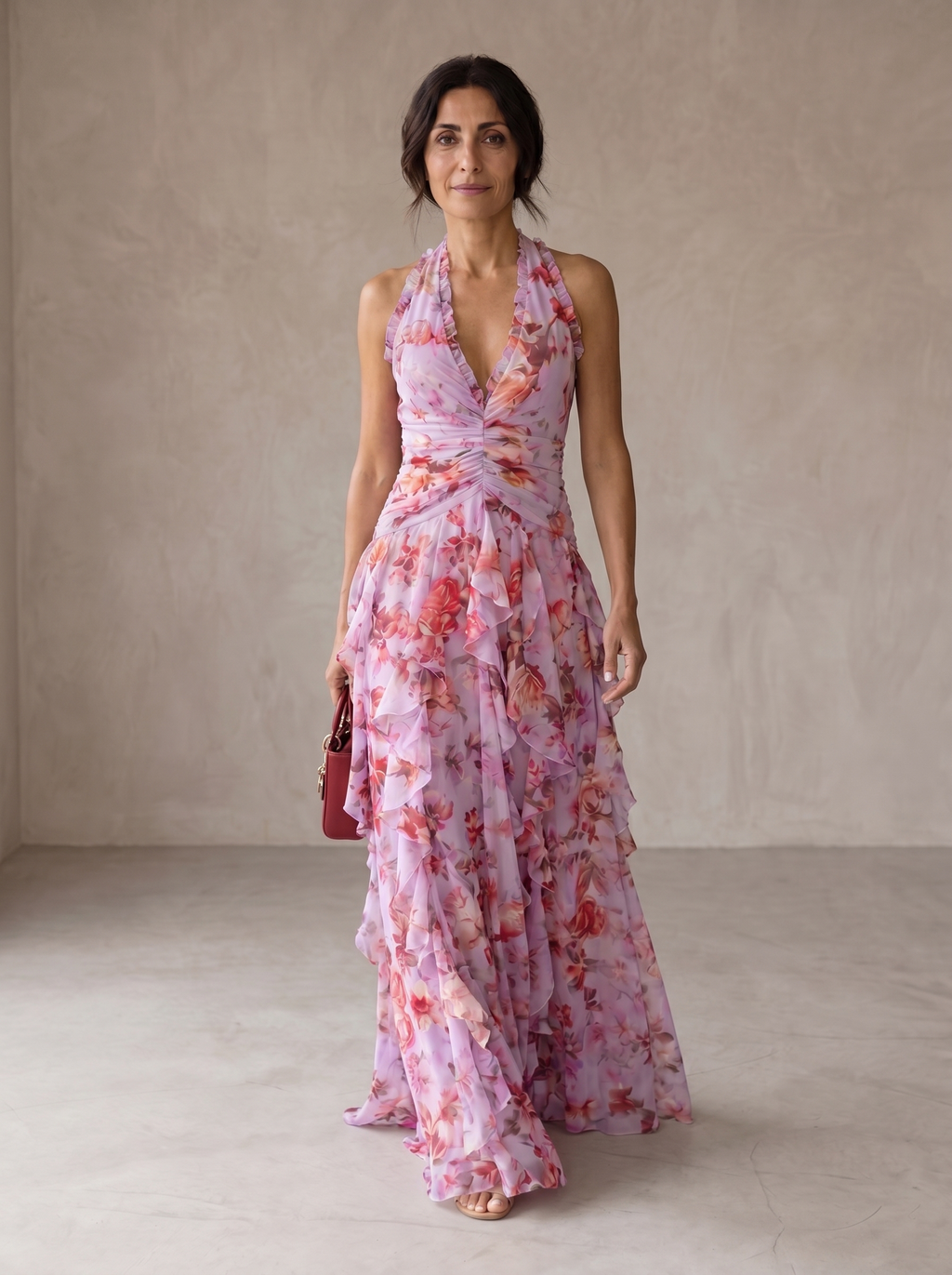 Belladina | Romantic Long Dress with Rose Cascade and Halter Neckline