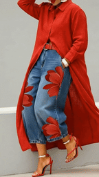 Conjunto Vestido Camisero Rojo y Jeans Anchos Florales