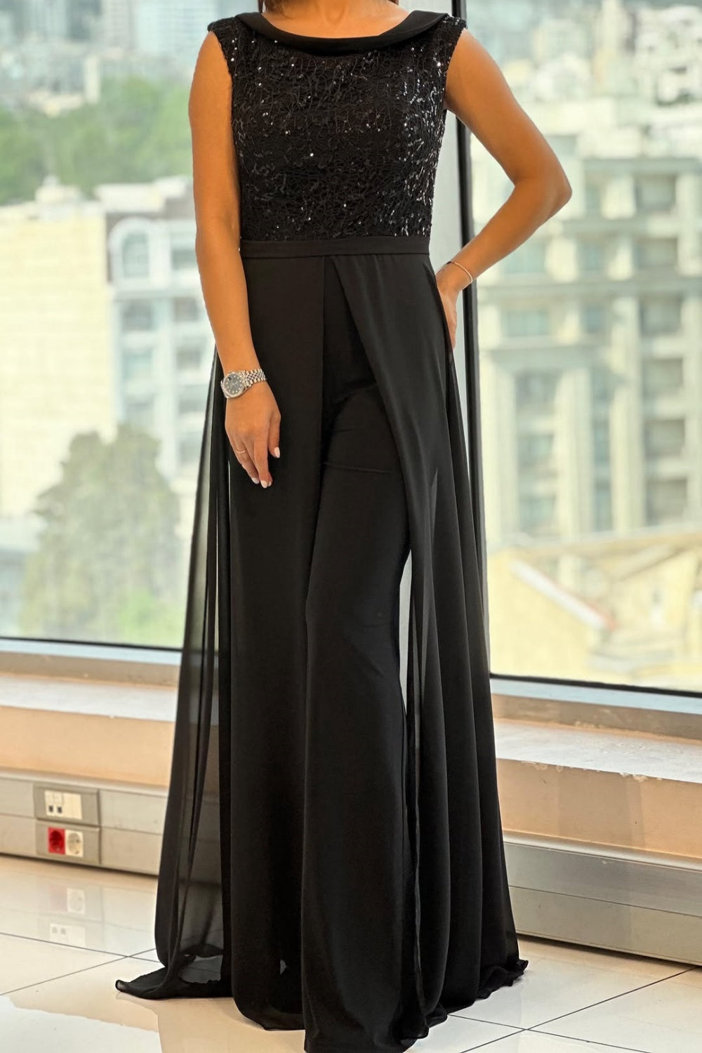 Jumpsuit De Gala Negro Con Falda De Chifón Superpuesta