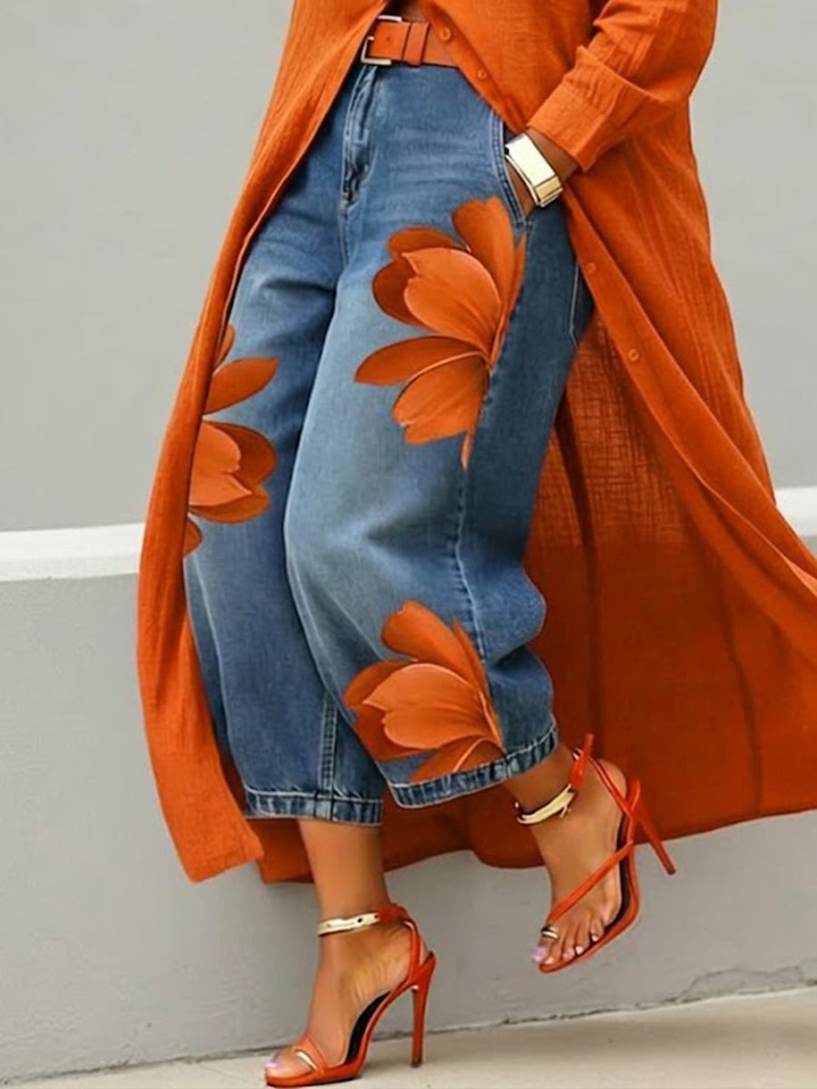 Conjunto Vestido Camisero Rojo y Jeans Anchos Florales