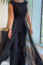 Jumpsuit De Gala Negro Con Falda De Chifón Superpuesta