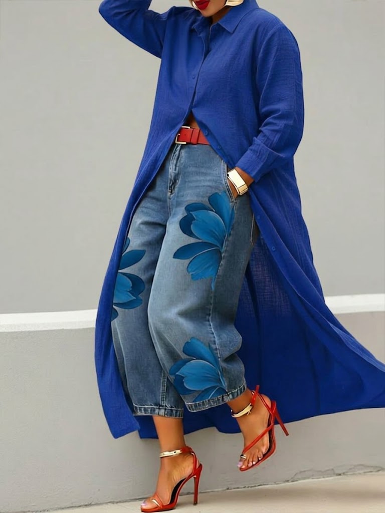 Conjunto Vestido Camisero Rojo y Jeans Anchos Florales