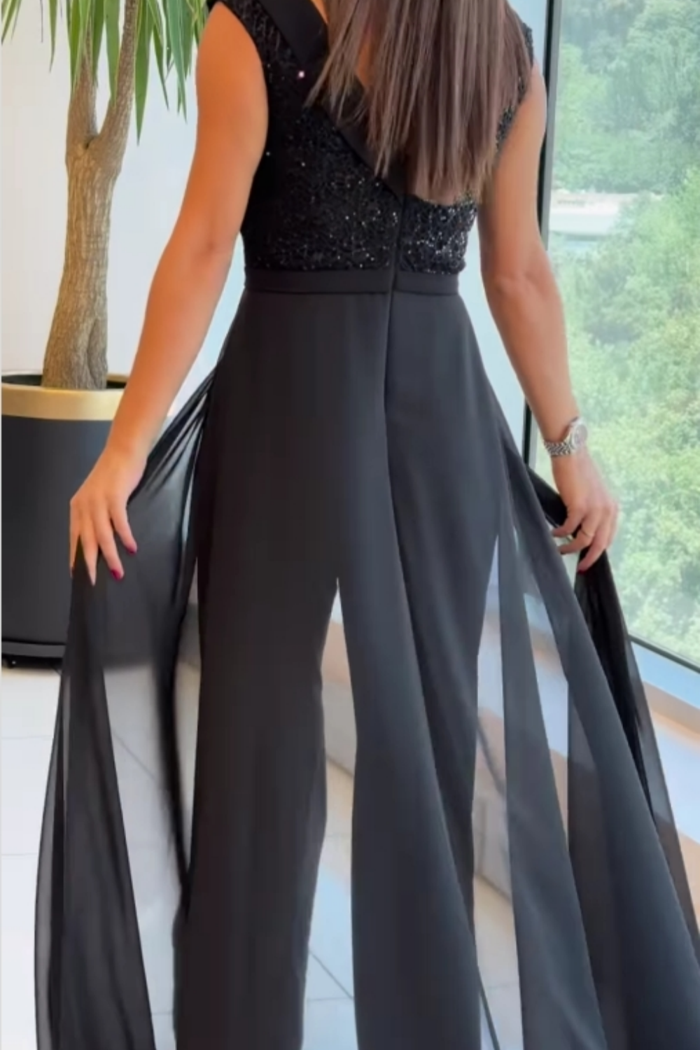 Jumpsuit De Gala Negro Con Falda De Chifón Superpuesta