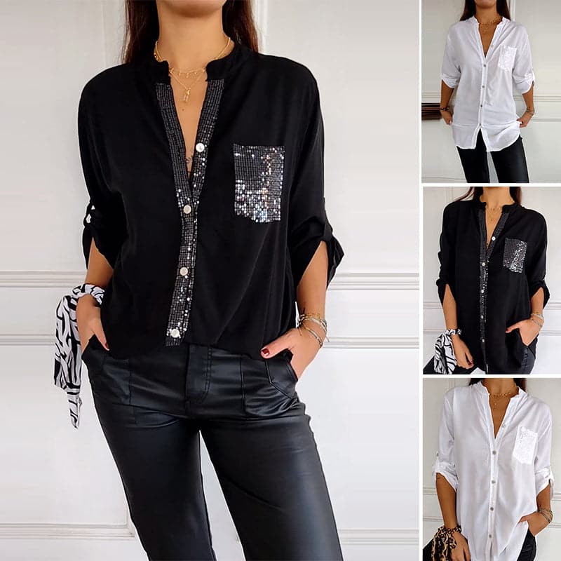Blusa Negra con Detalles Brillantes de Corte Fluido