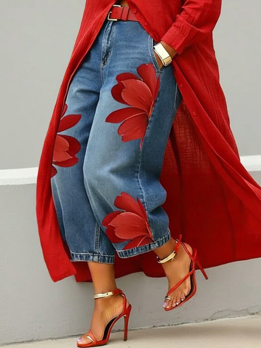 Conjunto Vestido Camisero Rojo y Jeans Anchos Florales