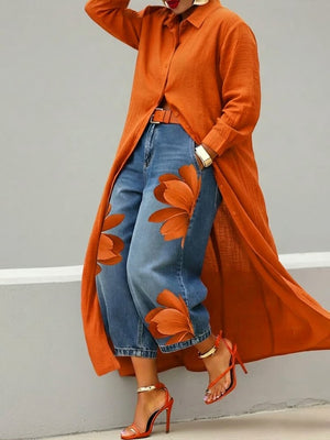 Conjunto Vestido Camisero Rojo y Jeans Anchos Florales