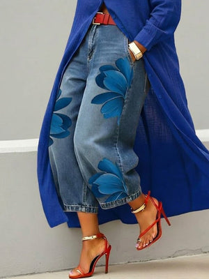 Conjunto Vestido Camisero Rojo y Jeans Anchos Florales