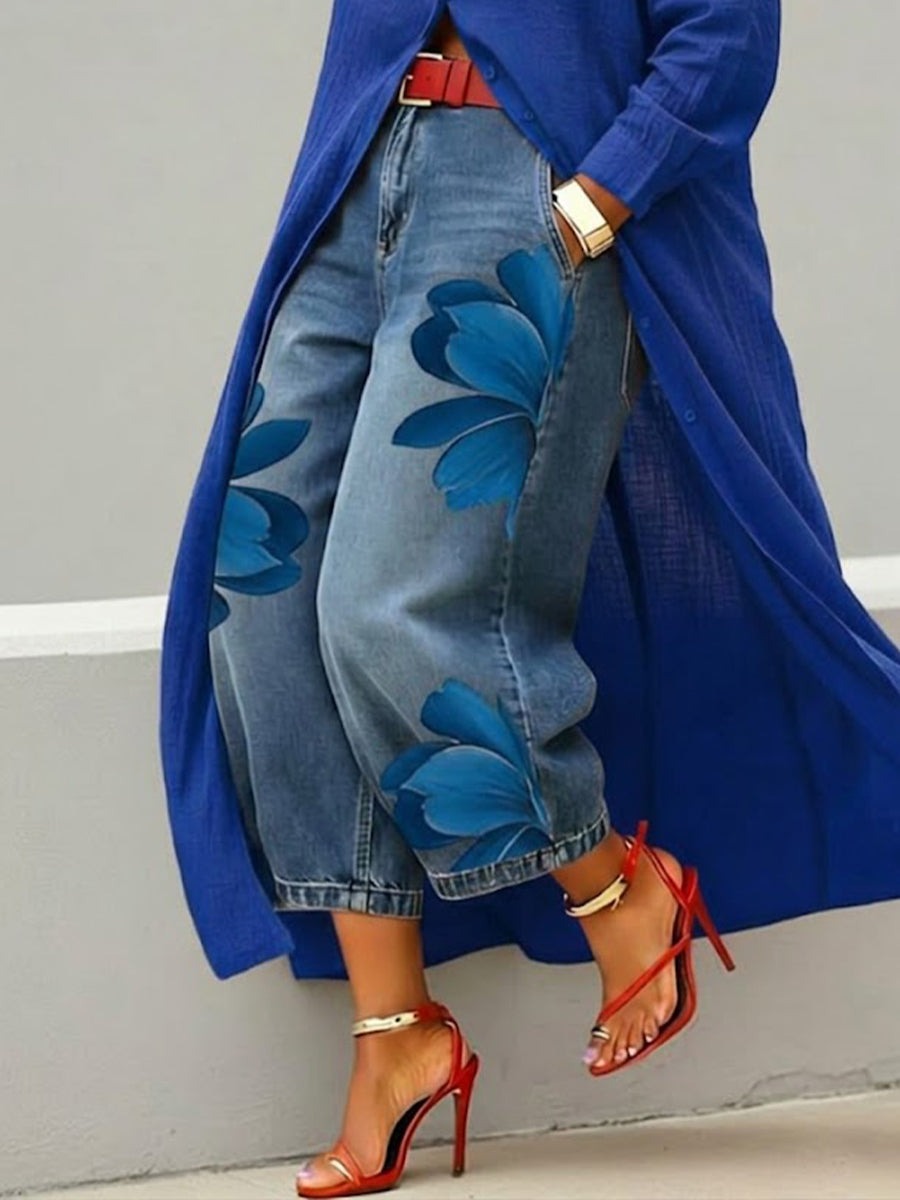 Conjunto Vestido Camisero Rojo y Jeans Anchos Florales