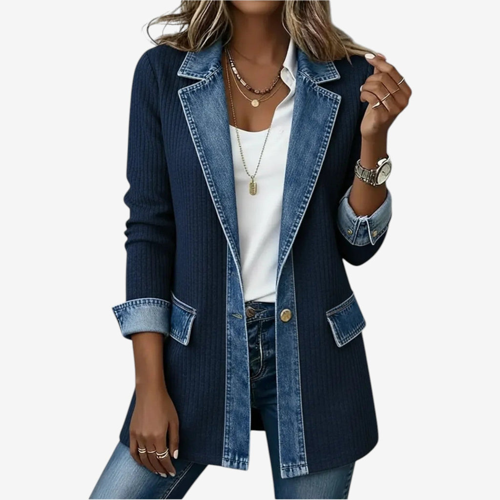 Chaqueta Feminina Punto y Denim Efecto Capa Casual
