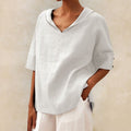 Classic Linen Blouse with V-Neck for Women