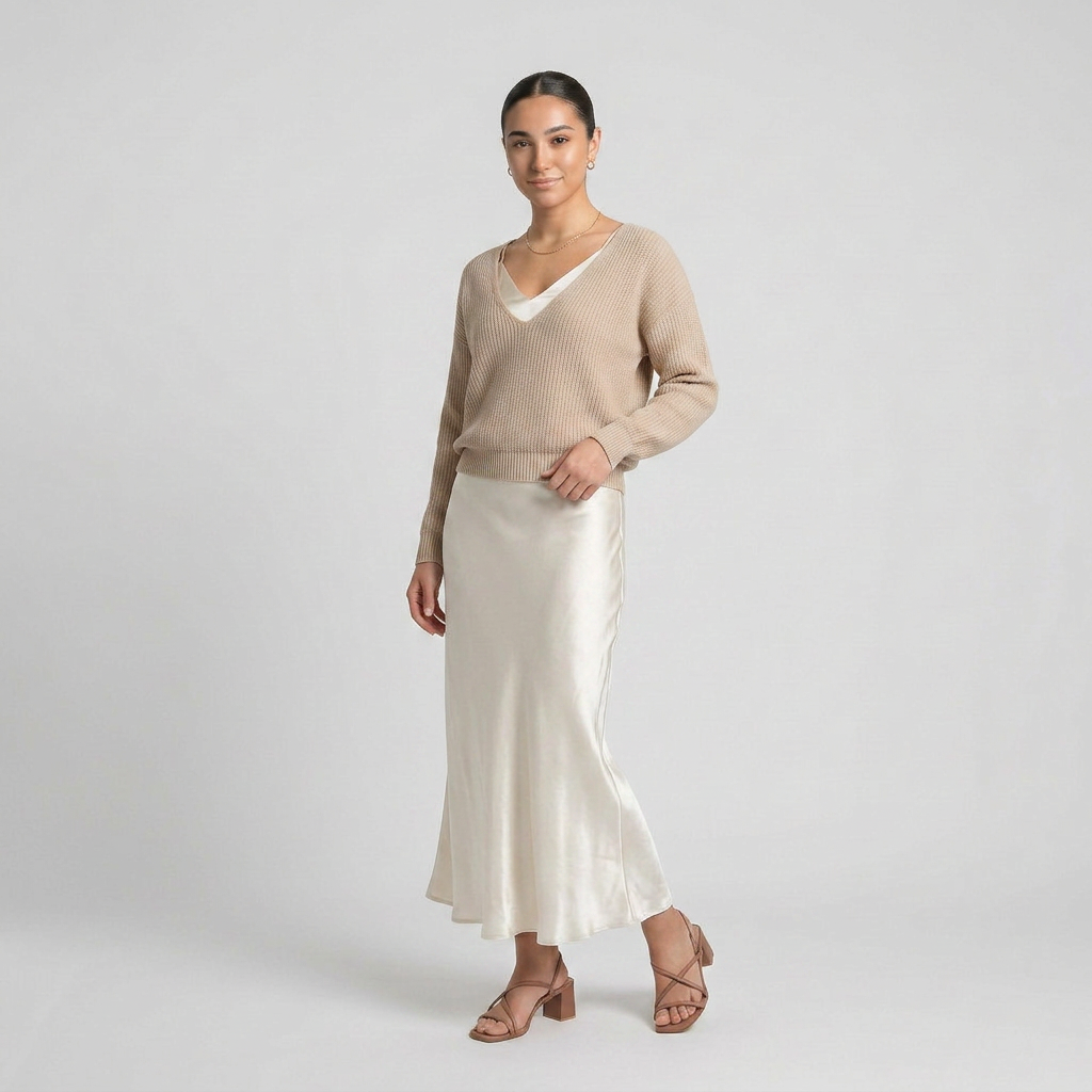 Conjunto Midi Satén con Jersey de Punto Elegante