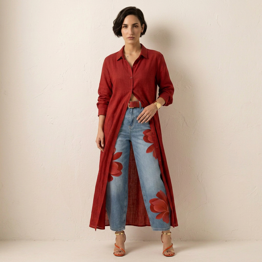 Conjunto Vestido Camisero Rojo y Jeans Anchos Florales