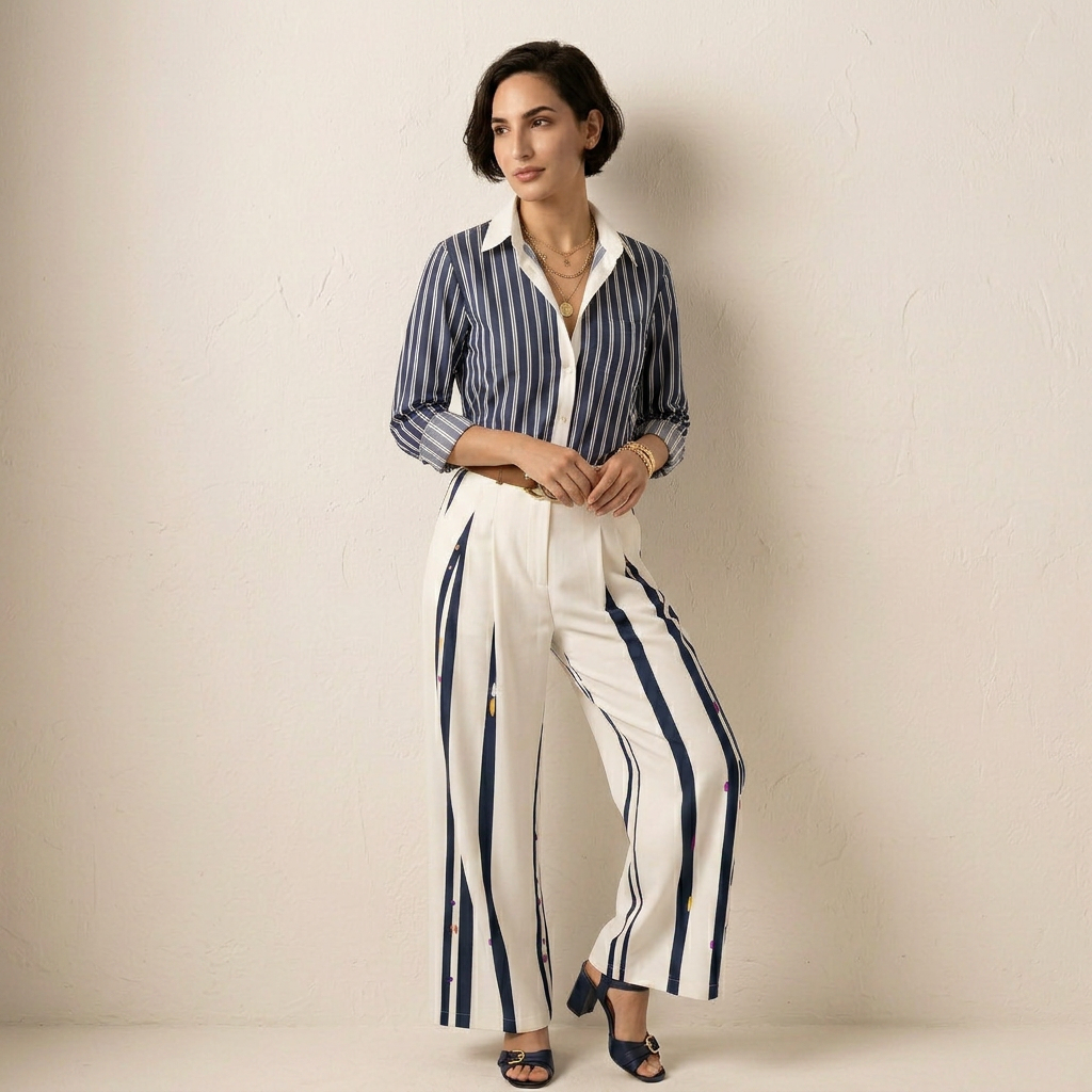 Conjunto De Mujer A Rayas Con Camisa Y Pantalón Ancho