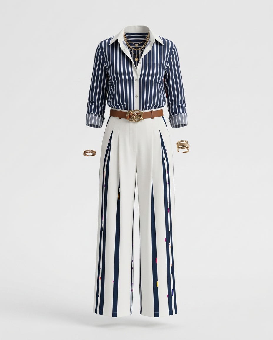 Conjunto De Mujer A Rayas Con Camisa Y Pantalón Ancho