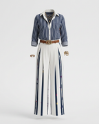 Conjunto De Mujer A Rayas Con Camisa Y Pantalón Ancho