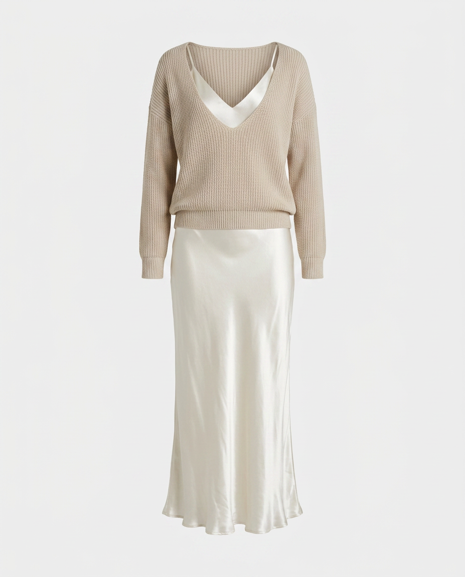 Conjunto Midi Satén con Jersey de Punto Elegante