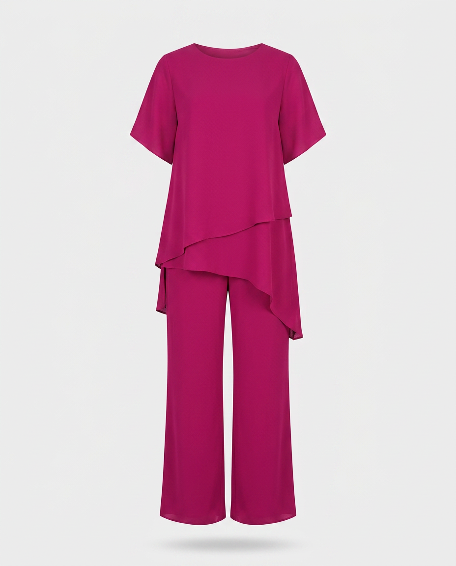Conjunto Dama Asimétrico con Blusa Larga y Pantalón Amplio