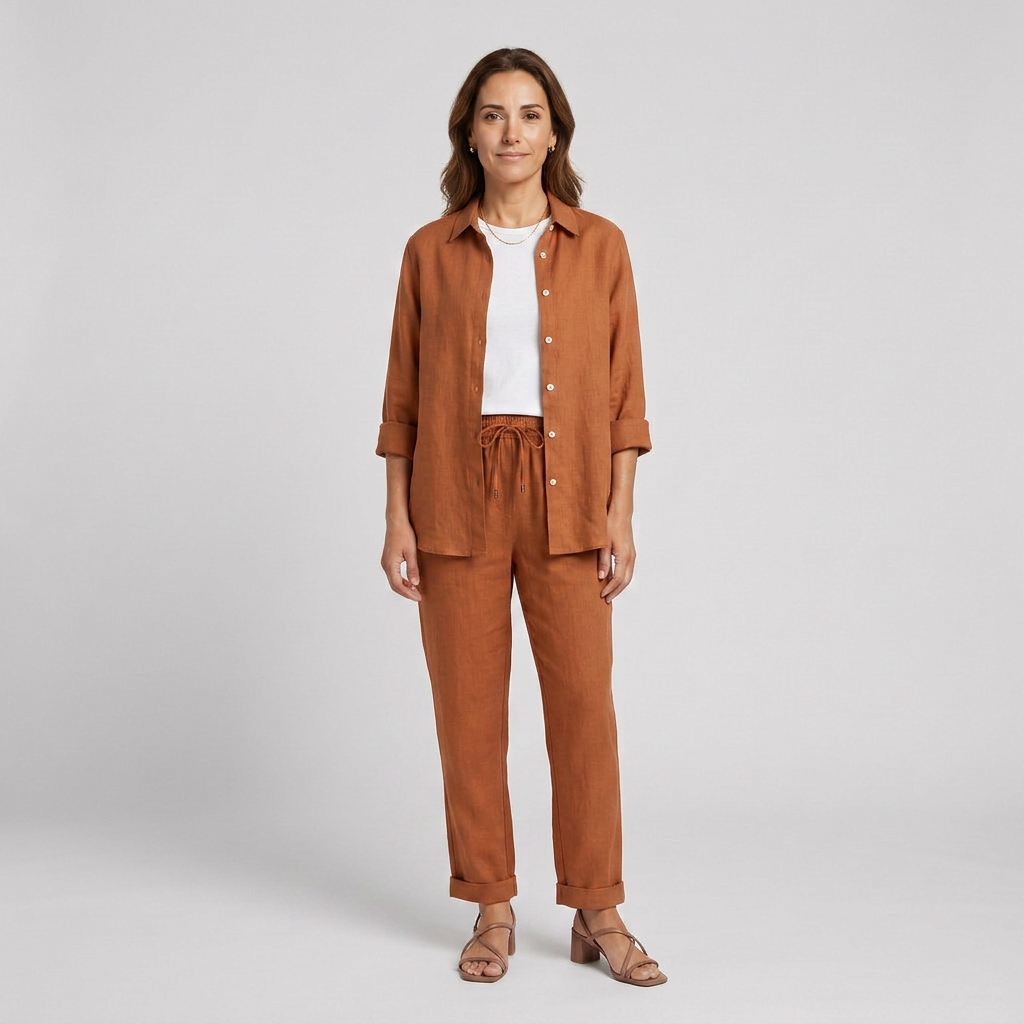 Conjunto Lounge Mujer Algodón Lino Camisa y Pantalón