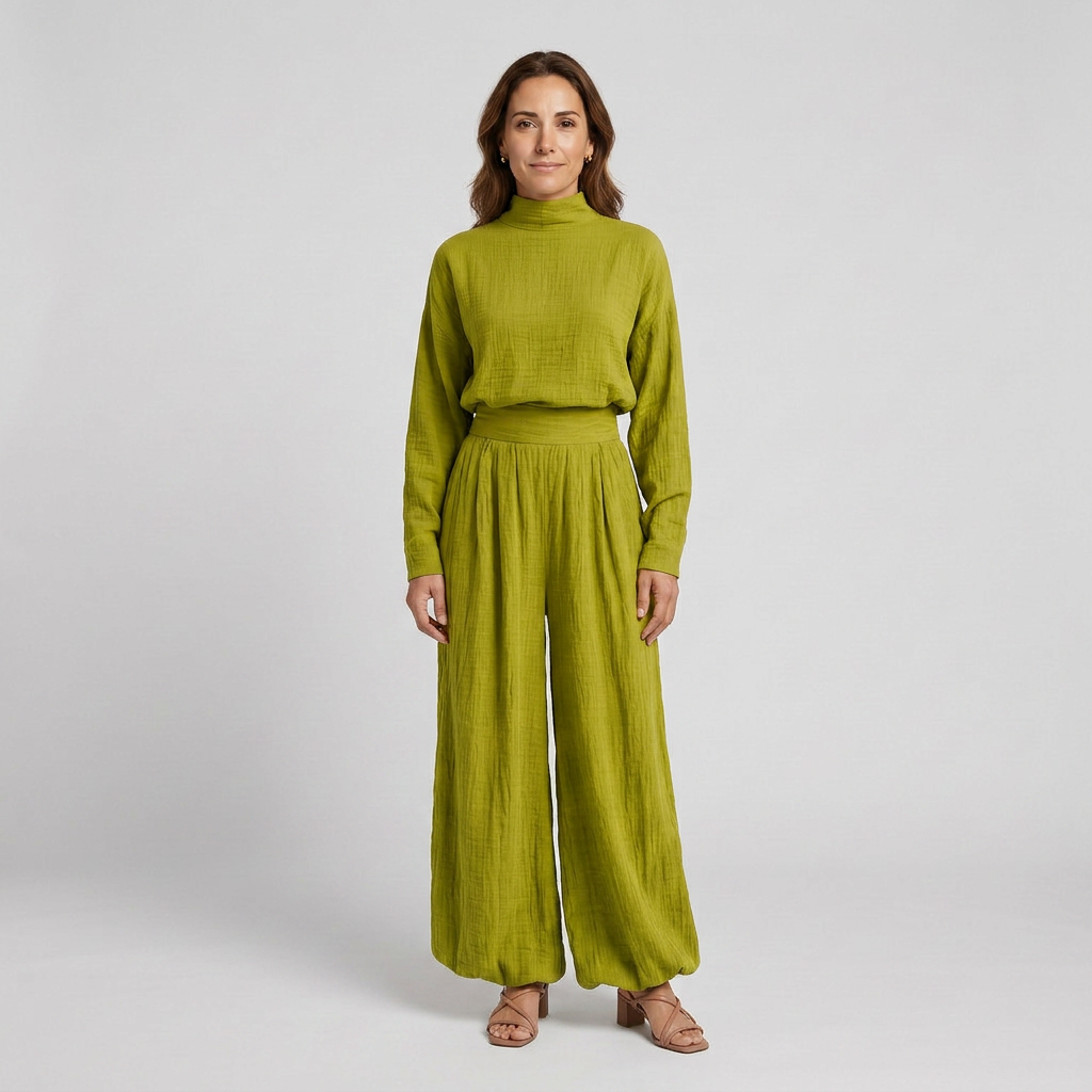 Conjunto Mujer Algodón Lino Verde Con Pantalón Ancho