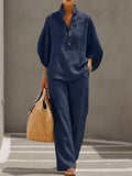 Women's Linen Set with Batwing Sleeves and Wide-Leg Pants