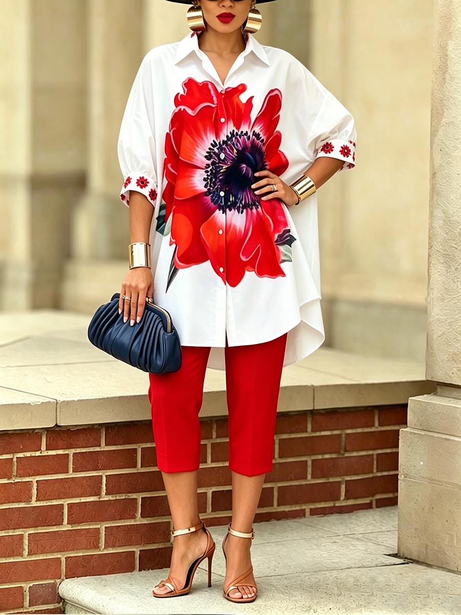 Conjunto coordinado de camisa y pantalón "Scarlet Bloom", elegante y de gran estilo