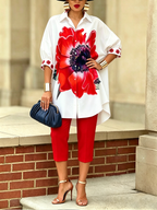 Conjunto coordinado de camisa y pantalón "Scarlet Bloom", elegante y de gran estilo