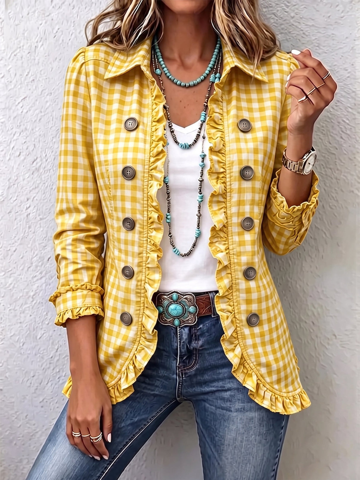 Consuelo | Chamarra a Cuadros Vichy con Volante - Color Amarillo