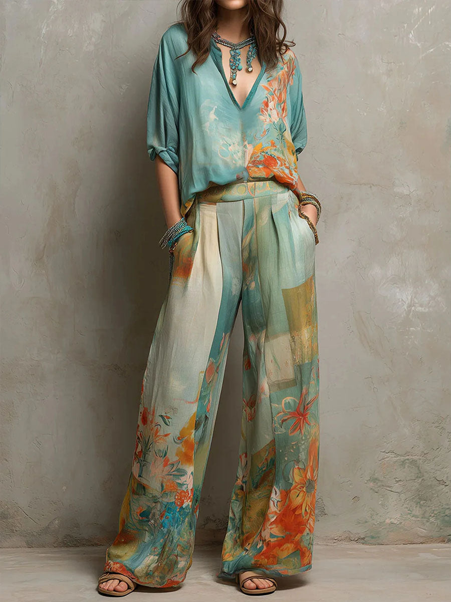 Chiara — Conjunto elegante de estampado floral con pantalón amplio