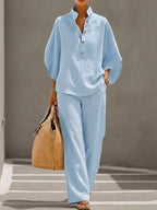 Conjunto De Lino Mujer Con Manga Murciélago Y Pantalón Ancho