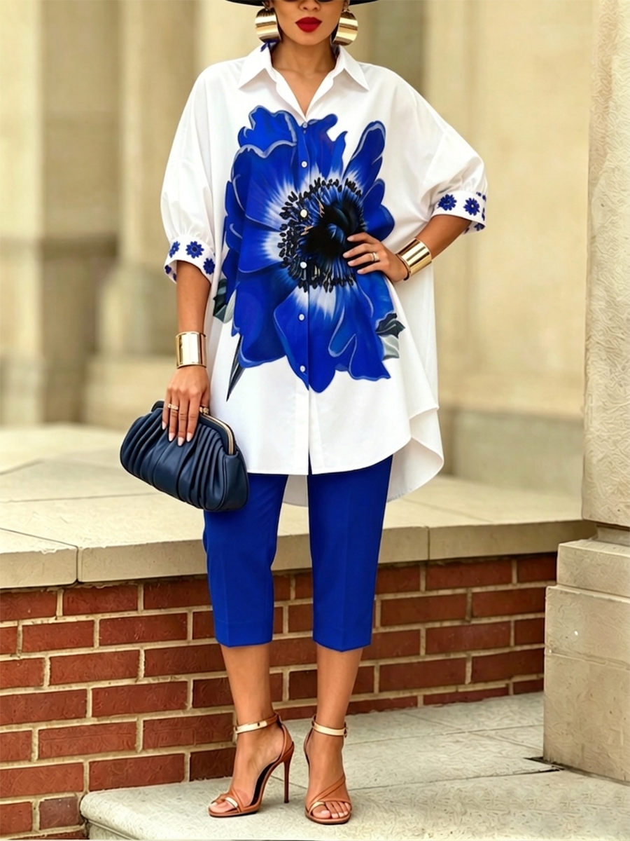Conjunto coordinado de camisa y pantalón "Scarlet Bloom", elegante y de gran estilo