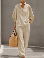 Conjunto De Lino Mujer Con Manga Murciélago Y Pantalón Ancho