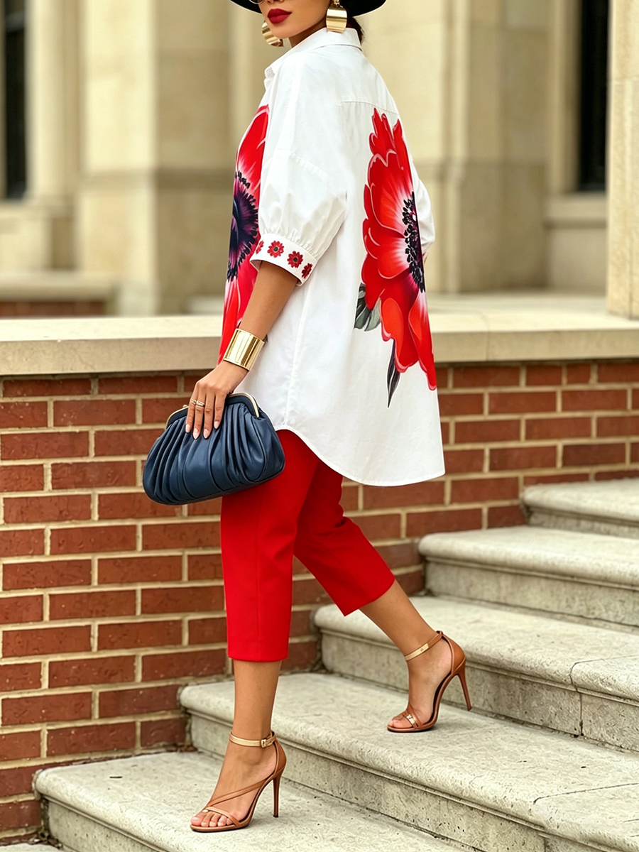 Conjunto coordinado de camisa y pantalón "Scarlet Bloom", elegante y de gran estilo