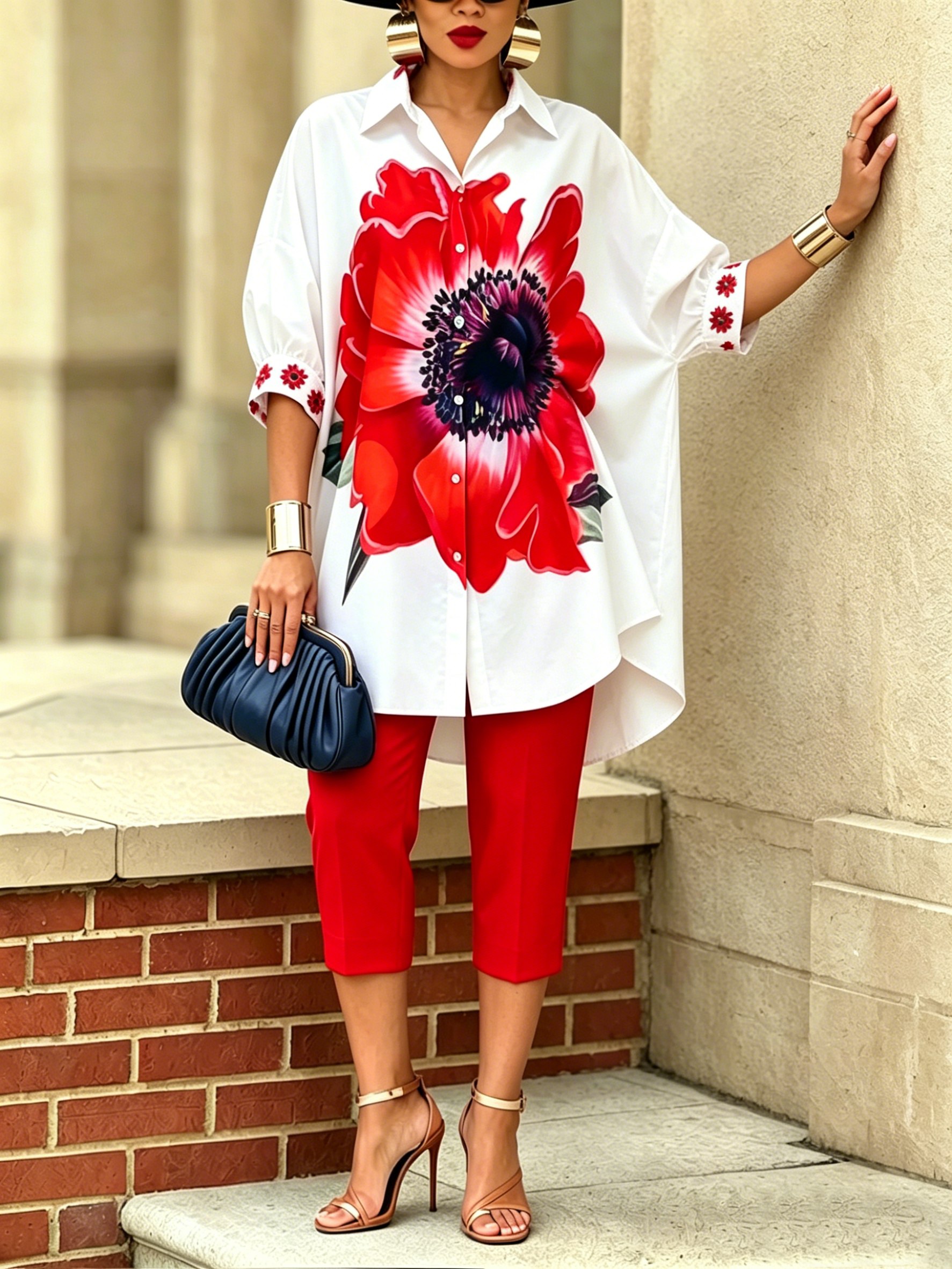 Conjunto coordinado de camisa y pantalón "Scarlet Bloom", elegante y de gran estilo