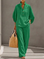 Conjunto De Lino Mujer Con Manga Murciélago Y Pantalón Ancho
