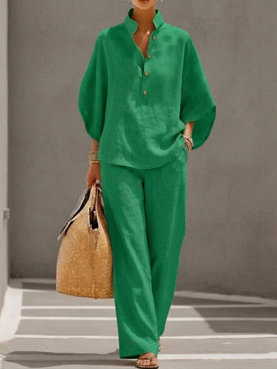 Conjunto De Lino Mujer Con Manga Murciélago Y Pantalón Ancho