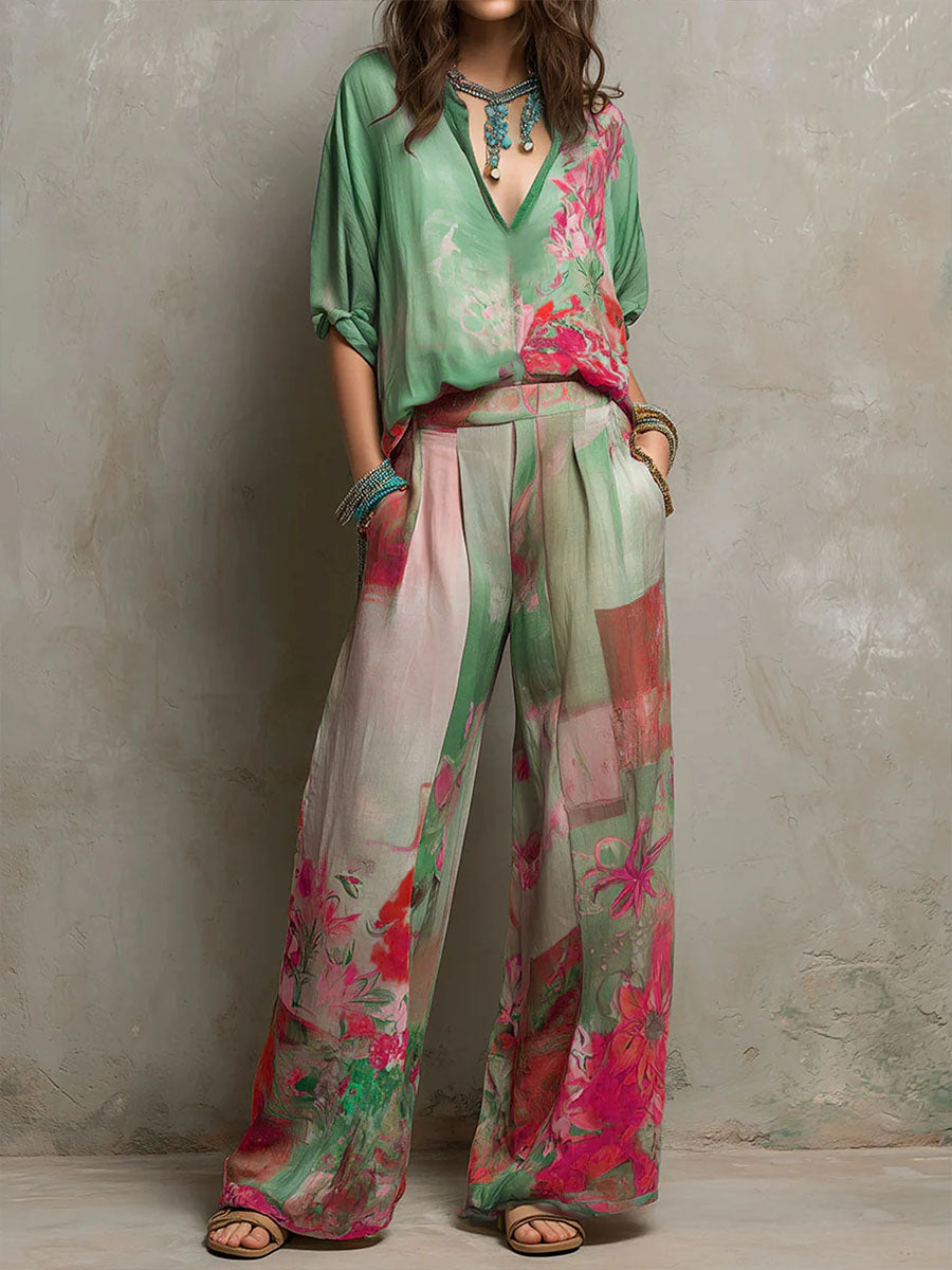 Chiara — Conjunto elegante de estampado floral con pantalón amplio