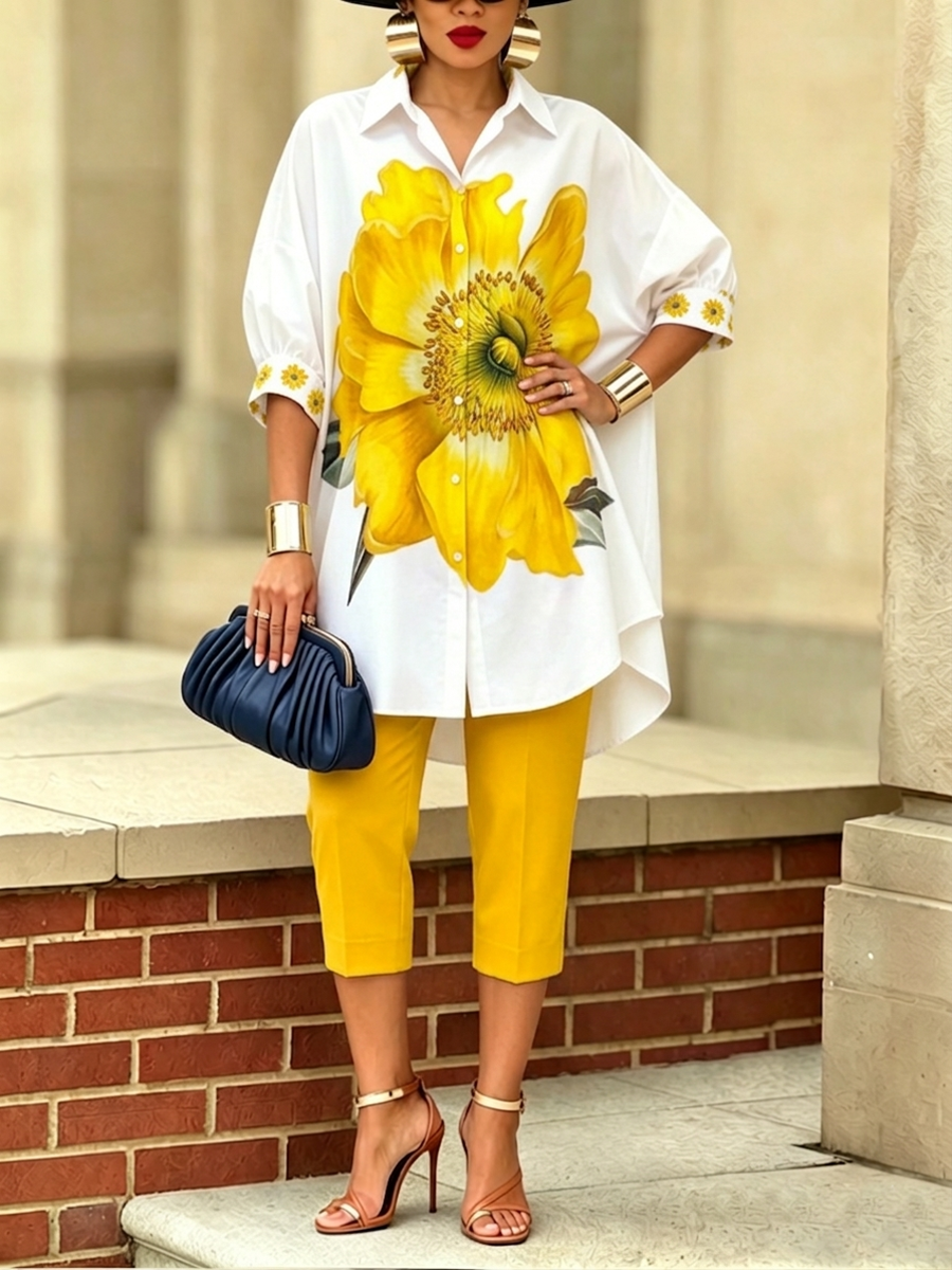 Conjunto coordinado de camisa y pantalón "Scarlet Bloom", elegante y de gran estilo