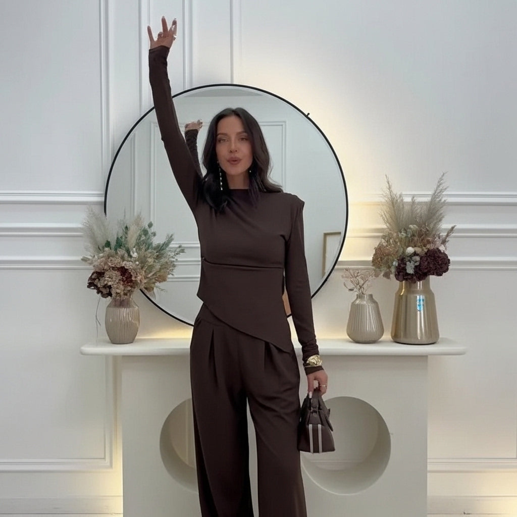 Conjunto Pantalón Y Blusa Wide Leg Estilo Chocolate