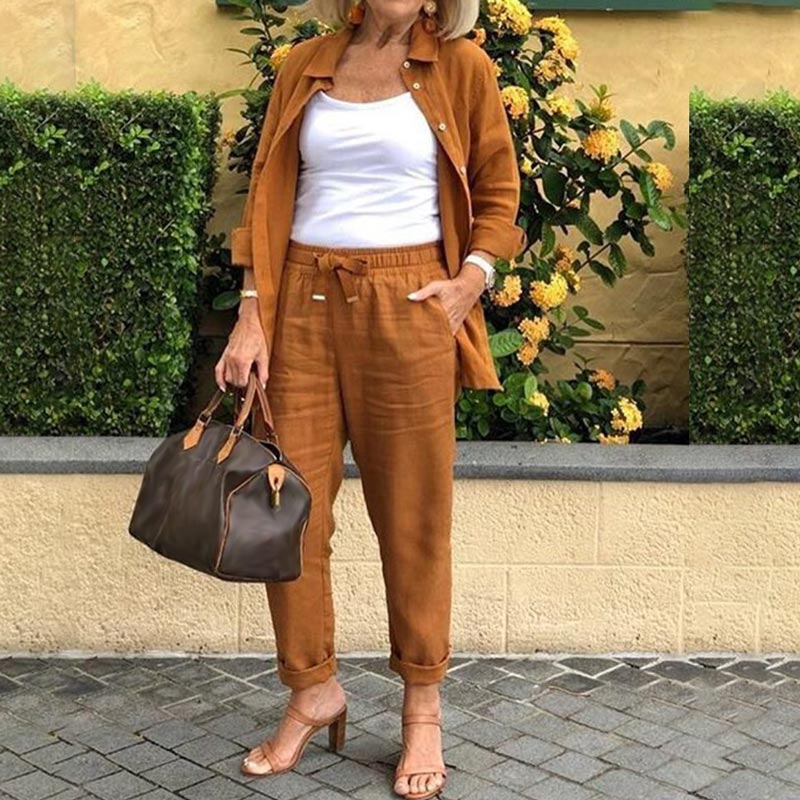 Conjunto Lounge Mujer Algodón Lino Camisa y Pantalón