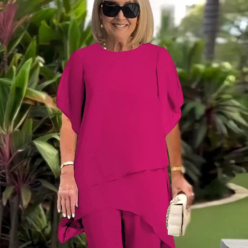 Conjunto Dama Asimétrico con Blusa Larga y Pantalón Amplio