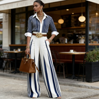 Conjunto De Mujer A Rayas Con Camisa Y Pantalón Ancho