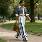 Conjunto De Mujer A Rayas Con Camisa Y Pantalón Ancho
